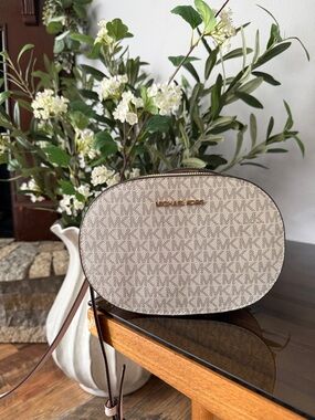 Michael Kors Beige Logo Oval Crossbody Bag with Gold Hardware